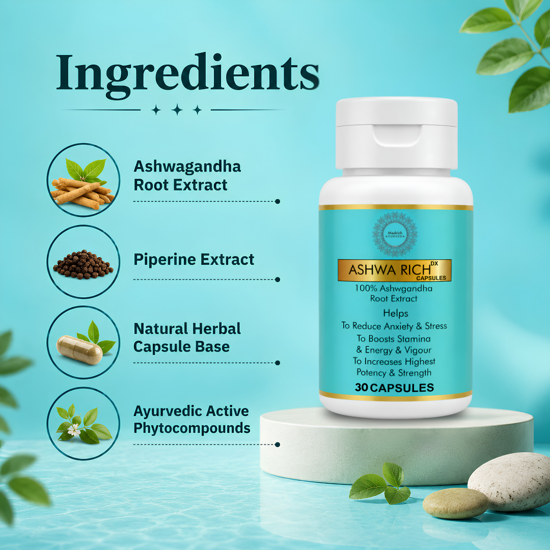 Medrich Ayurveda ASHWA RICH DX Capsules | Ashwagandha Root Extract | 30 Capsules