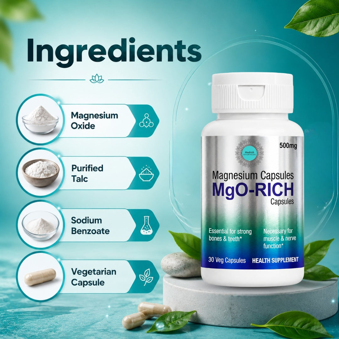 Medrich Ayurveda MgO-RICH Magnesium Capsules 500 mg | Health Supplement | 30 Veg Capsules
