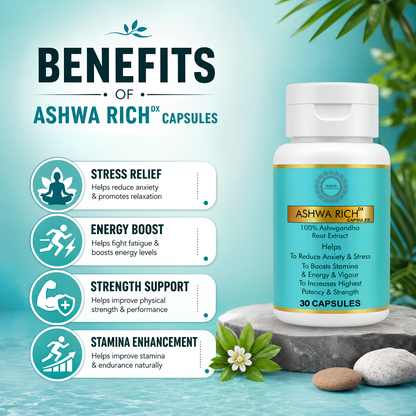 Medrich Ayurveda ASHWA RICH DX Capsules | Ashwagandha Root Extract | 30 Capsules