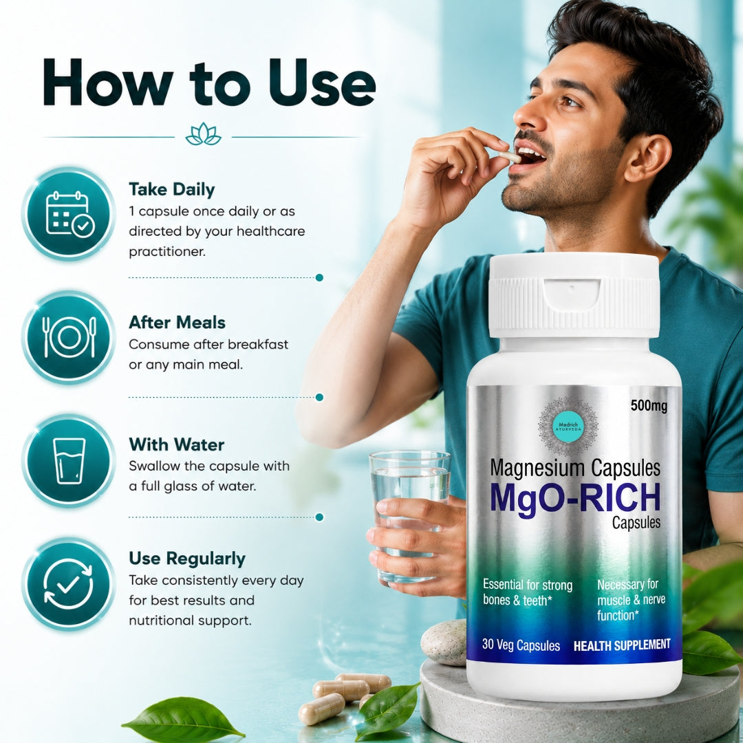 Medrich Ayurveda MgO-RICH Magnesium Capsules 500 mg | Health Supplement | 30 Veg Capsules